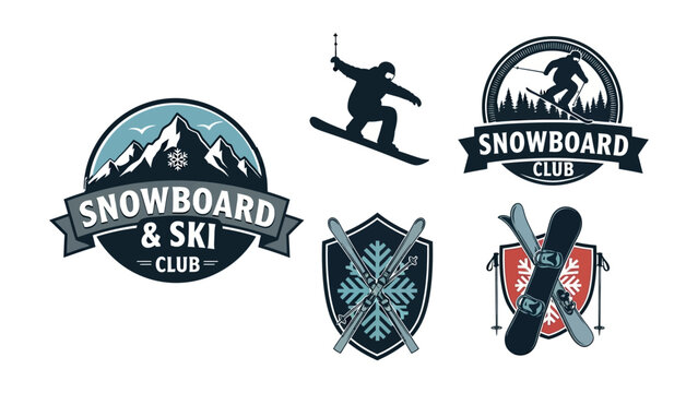 Snowboard and ski club emblem collection with mountains, snow elements, and retro badge style, clean flat vector illustration, icy blue tones, professional winter adventure logo design