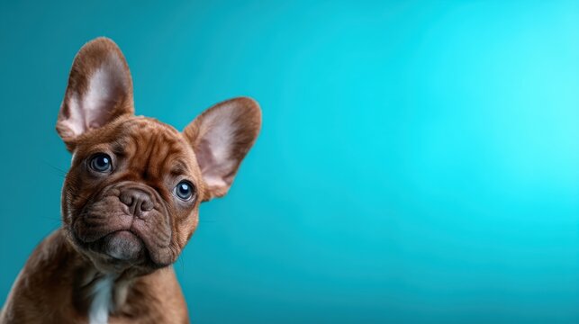 This adorable close-up of a charming French Bulldog highlights its expressive eyes and unique features, exuding cuteness and personality against a vibrant teal backdrop.