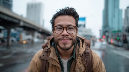 Obraz premium A man wearing glasses smiles warmly while standing in an urban street setting, capturing a moment of joy and connection in a bustling city environment.