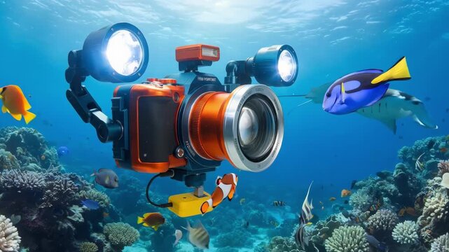Side view of compact underwater camera with attached lens and strobe lights styled for vibrant highquality fish portraits in diverse aquatic habitats.