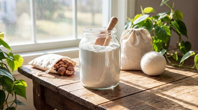 Eco friendly laundry detergent, soap nuts, and wool dryer balls displayed on a rustic wooden table