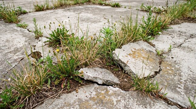 Cracked concrete path overgrown with various green plants and dandelions on a sunny day