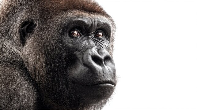 Majestic gorilla portrait, powerful silverback ape, expressive primate face isolated on White Background