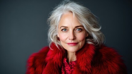 An elegant mature woman with striking silver hair and a radiant smile wears a vibrant red fur coat, showcasing her timeless beauty and confidence in a portrait setting.