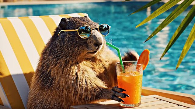 groundhog day -  Cute bear relaxing on poolside chair with sunglasses and drink - hd and 4k