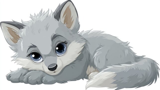 Cute wolf pup illustration, grey baby wolf, fluffy animal art isolated on White Background