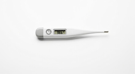 Digital thermometer displayed on a plain surface showing temperature reading with visible screen and metal probe