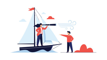 Determined woman standing on a sailing boat looking through a telescope toward the horizon while another person points the way. © Shuvo