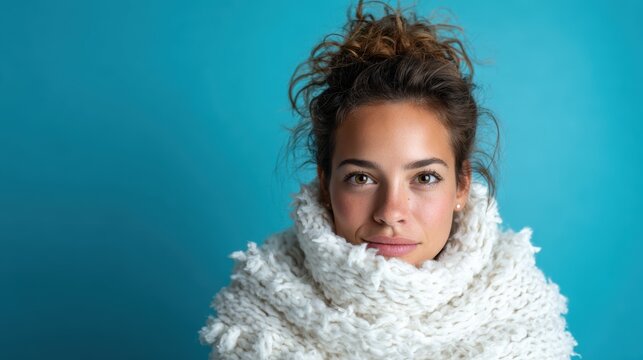 A beautiful portrait of a woman warmly wrapped in a white scarf against a solid blue background, evoking feelings of comfort, warmth, and winter coziness.