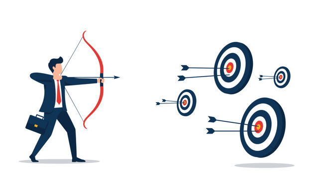 Precise businessman aims his bow and arrow at multiple targets to represent multitasking and achieving several corporate goals at once.