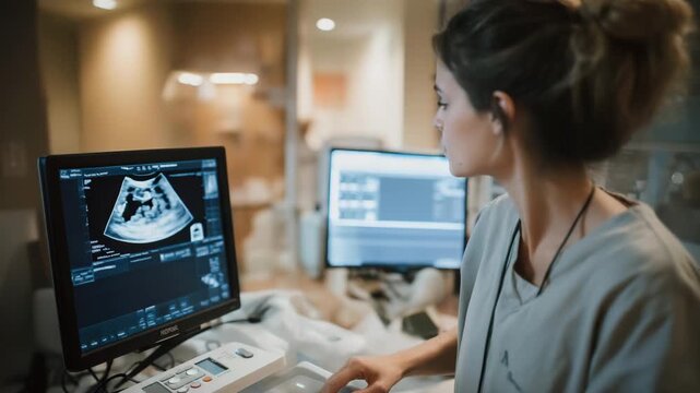 A clinical examination features a fetal ultrasound scan focused on baby&rsquo;s development, illustrating obstetric care, fetal growth tracking, and pregnancy progress. cinematic color correction,