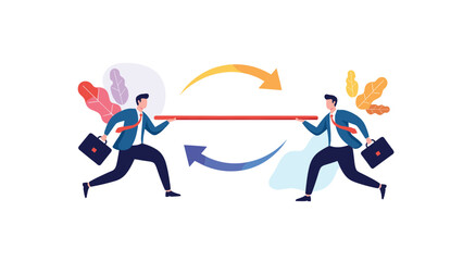 Fototapeta premium Two businessmen running in opposite directions while exchanging long red bar with arrows representing efficient trade or data swap.