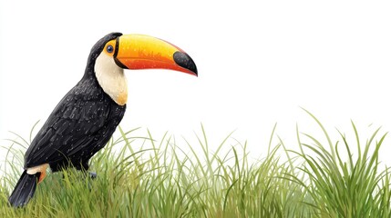 Naklejka premium Toucan on the grass field on transparent background on white background 