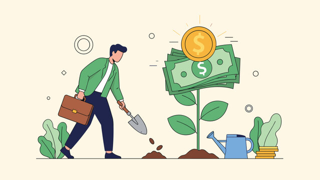 Professional man with briefcase using small shovel to plant dollar seeds near growing money tree for long term financial growth.