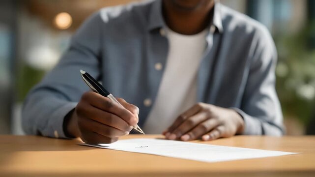 A customer reviews an insurance agreement, carefully reading the policy details to understand coverage options, protection benefits, and long term financial security. cinematic color correction,