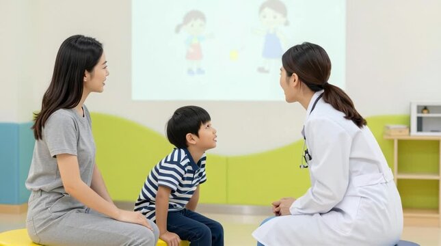 Pediatrician doctor examines young boy with mother present in bright clinic using projection for speech therapy assessment and communication skills development