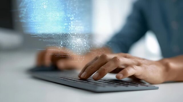 Digital programmer keywording complex algorithms, coding with holographic interface displaying advanced technological network connections