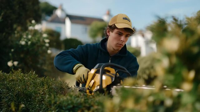A gardener operates a hedge trimmer along a residential boundary, shaping greenery with precision while maintaining landscape design, garden care, and outdoor property maintenance. cinematic color