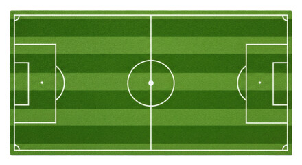 Fototapeta premium Top view of a soccer field with green grass stripes and white markings isolated on transparent background