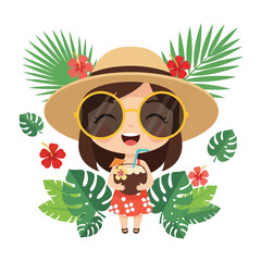 Naklejka premium Cute girl wearing large sunglasses and a straw hat holding tropical coconut drink with straw surrounded by green leaves and red hibiscus flowers