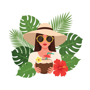 Colorful vector art of woman wearing large hat and sunglasses holding coconut drink surrounded by tropical leaves and bright flower summer vibe