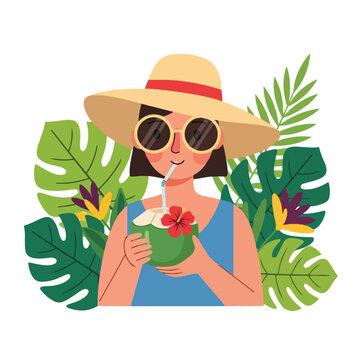 Colorful flat design portrait of woman wearing wide hat and round sunglasses drinking coconut with tropical leaves background