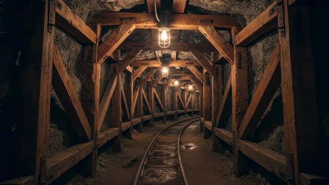 Timber braces lining a dimly lit underground tunnel showcasing traditional support methods in mine construction and stability.