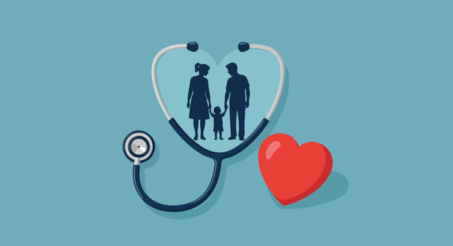 Flat design stethoscope forming heart shape with family silhouette and red heart symbol on blue background for healthcare and love concept