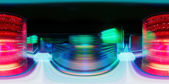 HDRI. Digital infrastructure. Glowing neon. Full spherical panorama 360 degrees. Modern hi-tech, science, futuristic technology concept. Abstract high tech design. 3D render illustration.