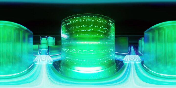 HDRI. Digital infrastructure. Glowing neon. Full spherical panorama 360 degrees. Modern hi-tech, science, futuristic technology concept. Abstract high tech design. 3D render illustration.