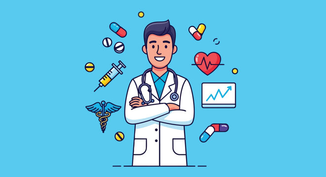 Smiling male doctor with crossed arms surrounded by colorful medical icons including pills syringe heart chart vector art