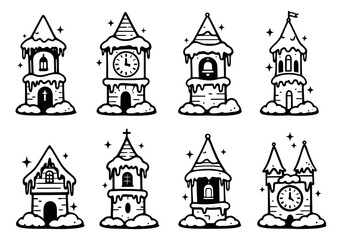 Naklejka premium Hand drawn line art fairytale towers set featuring snow, clocks, and bells for Christmas and winter themes