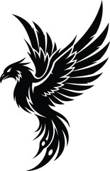 Obraz premium Phoenix silhouette illustration, mythological bird design concept, black and white artwork, rebirth, resilience, transformation, and cultural symbolism