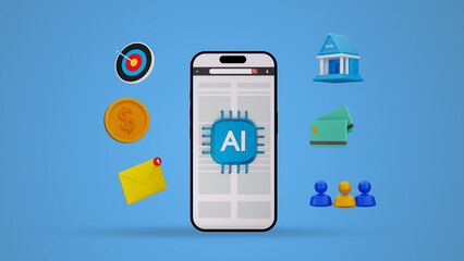 3D Mobile AI Finance Dashboard with Bank, Cards and Growth Icons on Blue Background