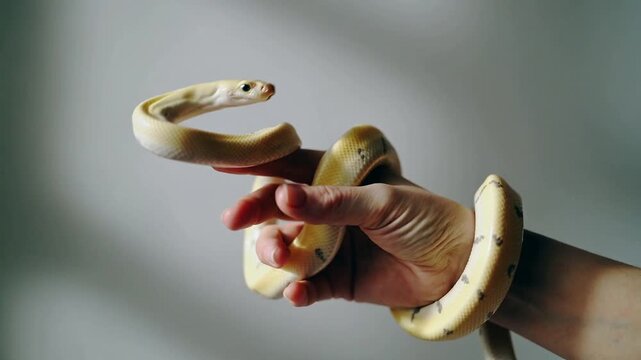 Close-up video of a small non-aggressive snake gently wrapped around a human hand against a clean neutral background, symbolizing connection with nature, curiosity, calm interaction, and wildlife