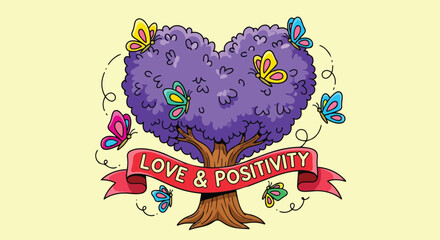 Naklejka premium Colorful illustration of heart shaped purple tree surrounded by butterflies with red love and positivity ribbon banner on yellow background