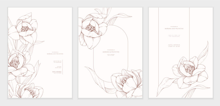 Set of card with tulip blooming, flowers. Detailed template layout design, brochure or cover for wedding invitation