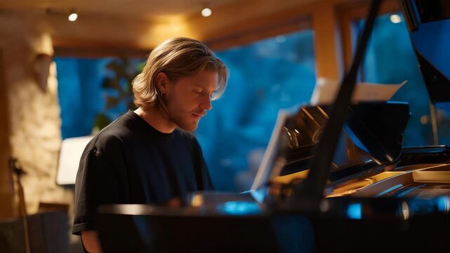 A rehearsal space features a traditional upright piano undergoing expert tuning, optimizing intonation and dynamic response for jazz performance. cinematic color correction, natural uneven lighting