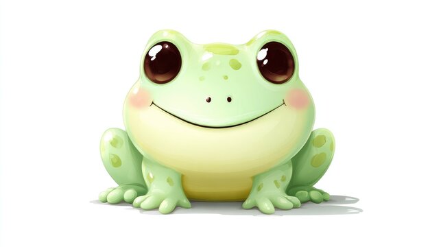 Smiling green frog cartoon character on white background