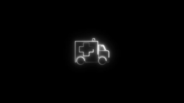 An animated neon ambulance icon animation with a medical cross. Neon white color Ambulance icon on black background. 4k video