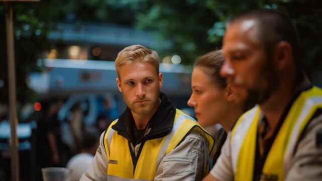 A team of emergency responders in reflective vests collaborates on the scene of an incident, coordinating efforts to assist civilians while highlighting the importance of safety gear in their