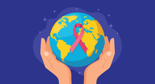 Colorful flat design hands holding earth globe with pink ribbon symbol for global breast cancer awareness campaign