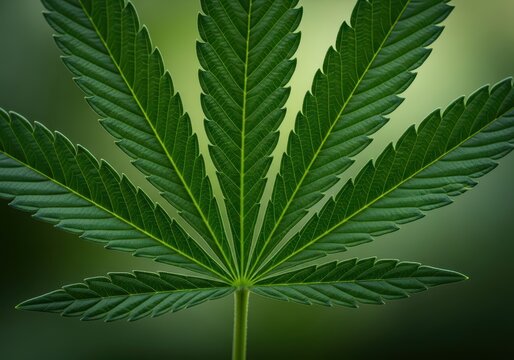Detailed macro shot of a single green cannabis sativa leaf showing the characteristic serrated edges and vein structure for natural herbal use, agriculture, herb, fresh