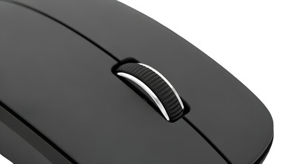 Closeup of a modern black wireless computer mouse scroll wheel detail isolated on transparent background