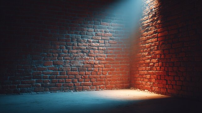 Bright beam of light shining on a brick wall in a dark room, highlighting the surface and creating shadows in the corner