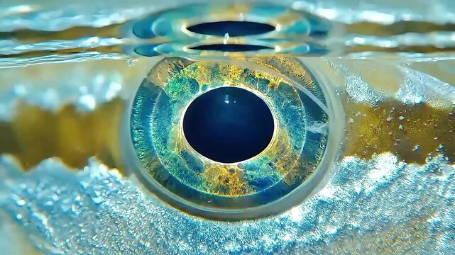 Extreme close-up of a fish eye underwater with a vibrant multi-colored iris and clear reflection on the water surface