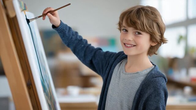 An enthusiastic child holding a paintbrush, proudly displaying their colorful artwork on an easel in an art studio, emphasizing creativity and self-expression in a vibrant and inviting environment.