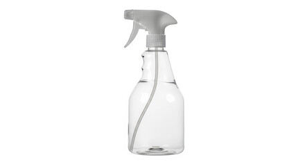 Clear empty plastic spray bottle with white trigger sprayer, isolated on transparent background