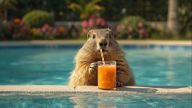groundhog day -  River otter sipping orange drink at pool edge outdoors - hd and 4k