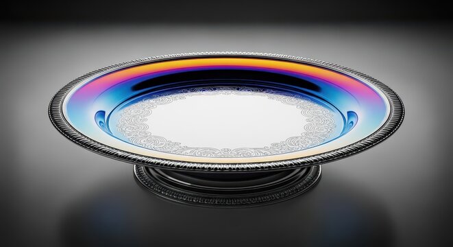 Highly polished antique silver salver or round metallic platter, elevated on a pedestal base, symbolizing luxury and service, quality, vintage, sophisticated